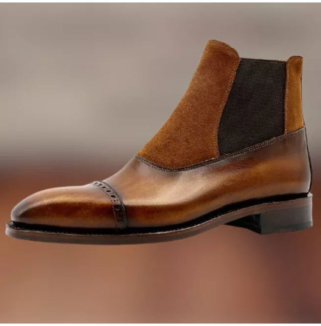 Handmade Men Tan Brown Leather and Suede Ankle Boots, Business Boots