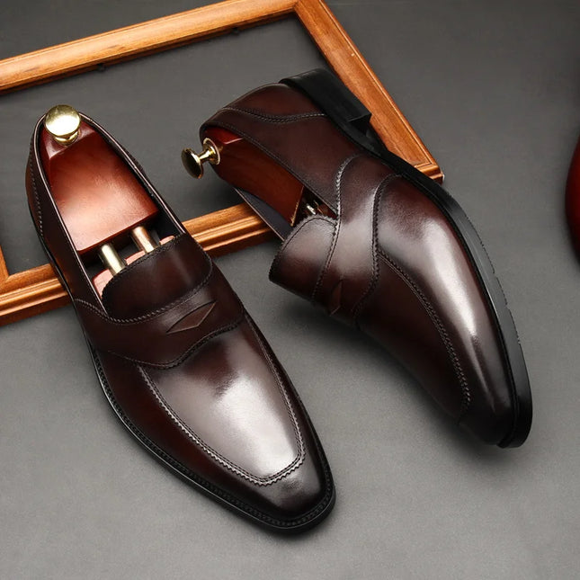 Handmade Men Dark Brown Leather Stylish Slip Ons Dress Shoes, Formal Party Shoes