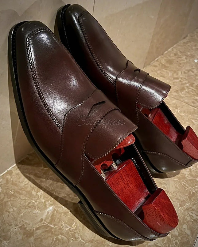 Handmade Men Dark Brown Leather Stylish Slip Ons Dress Shoes, Formal Party Shoes