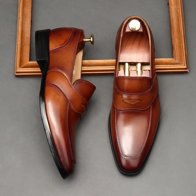 Handmade Men Leather Stylish Brown Slip Ons Dress Shoes, Formal Party Shoes