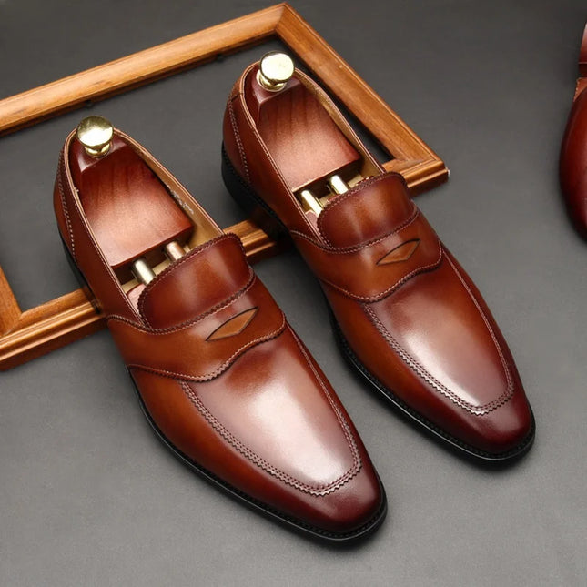 Handmade Men Leather Stylish Brown Slip Ons Dress Shoes, Formal Party Shoes