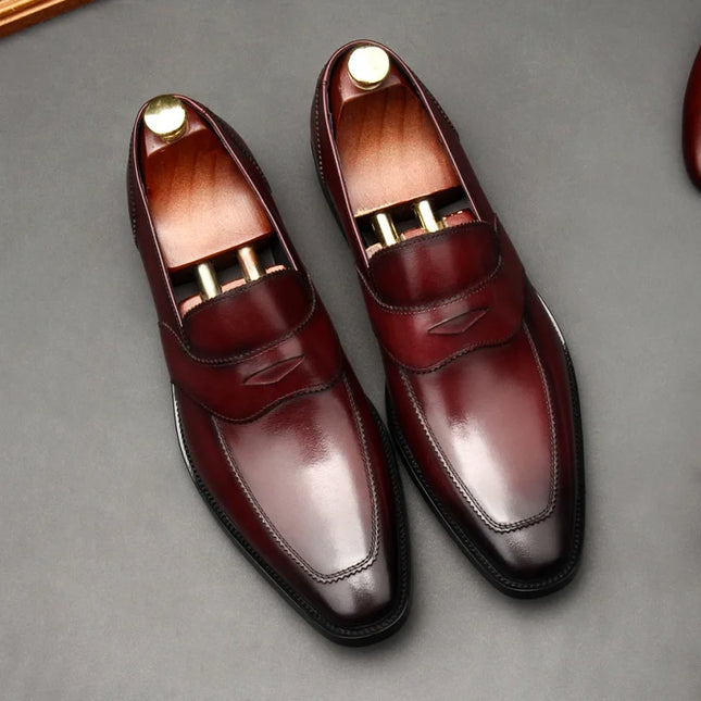 Handmade Men Burgundy Leather Stylish Slip Ons Dress Shoes, Formal Party Shoes