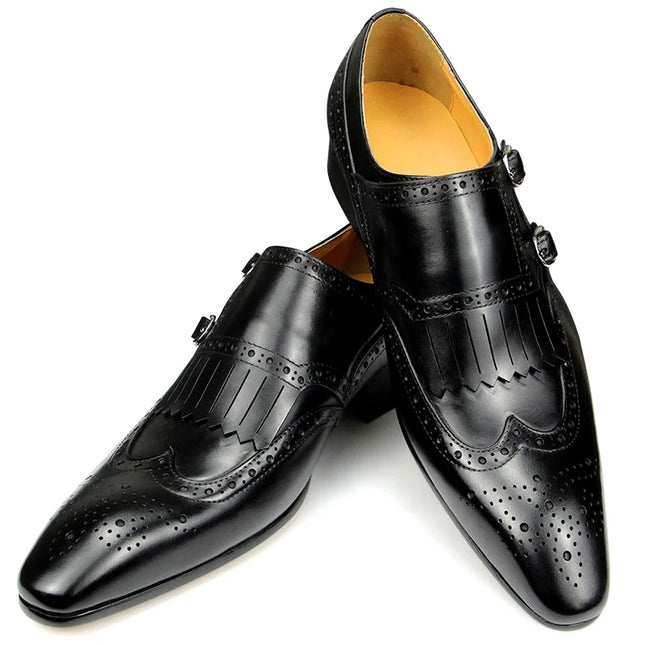 Handmade Men Black Wing Tip, Brogue Leather Formal Fringes Buckle Dress Shoes