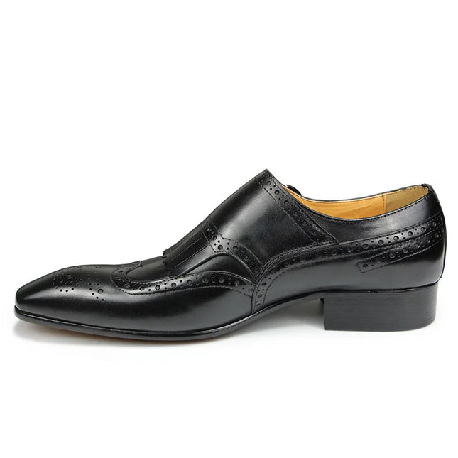Handmade Men Black Wing Tip, Brogue Leather Formal Fringes Buckle Dress Shoes