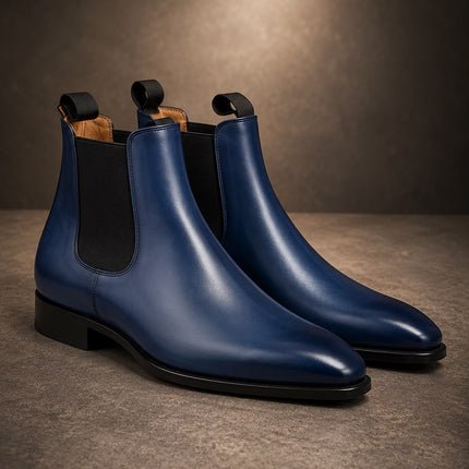 Handmade men blue leather chelsea ankle boots, Pull On office boots for mens