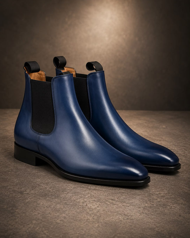 Handmade men blue leather chelsea ankle boots, Pull On office boots for mens