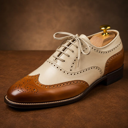 Handmade men brown & White Lace up wingtip shoes, Two tone Brogue office shoes