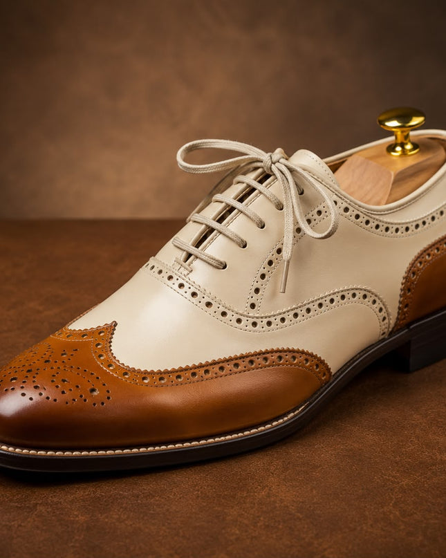 Handmade men brown & White Lace up wingtip shoes, Two tone Brogue office shoes