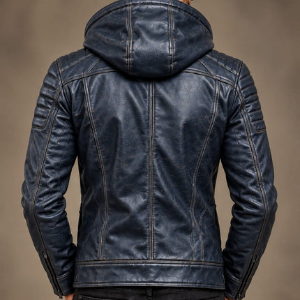 Men Blue Leather Hooded Jacket, Mens Biker Jacket, Casual Leather Jackets