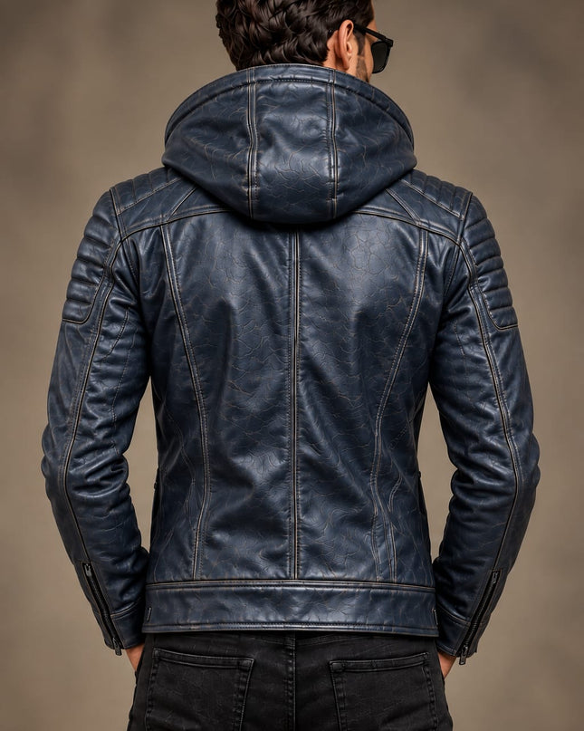 Men Blue Leather Hooded Jacket, Mens Biker Jacket, Casual Leather Jackets