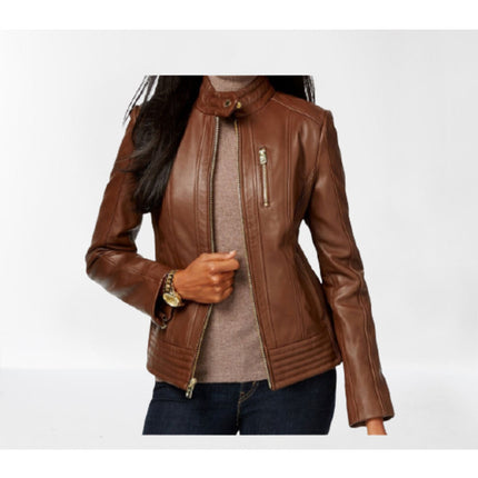 Women Brown Leather Biker Fashion Jacket, Street Style Fashion Jacket