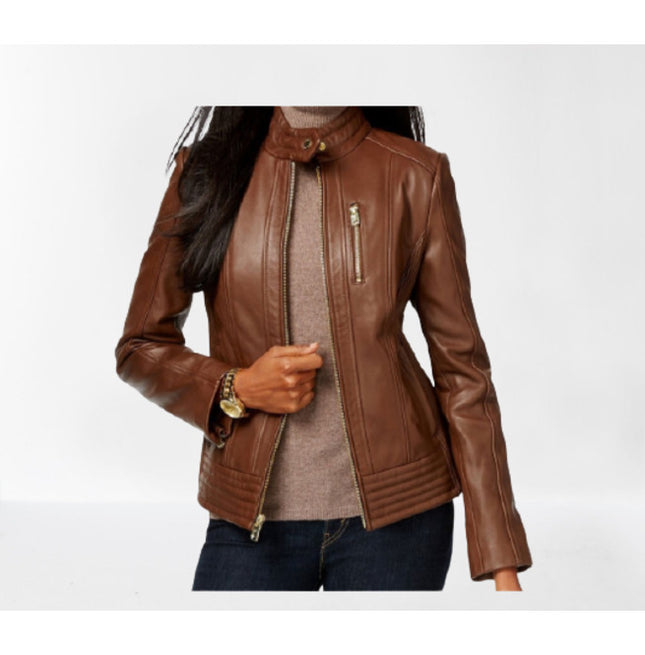 Women Brown Leather Biker Fashion Jacket, Street Style Fashion Jacket