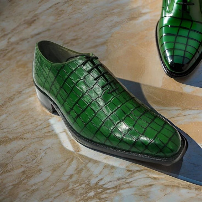 Handmade Green Lace Up Shoes, Mens Crocodile Print Shoes, Lace Up Office Shoes