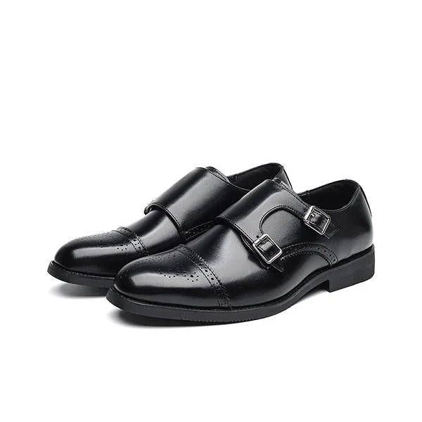 Handmade Men Black Double Buckle Office Brogue Shoes, Formal Business Shoes
