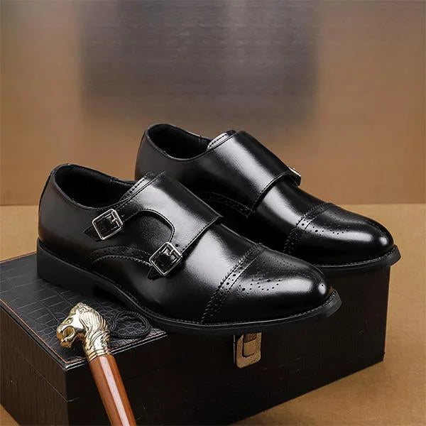 Handmade Men Black Double Buckle Office Brogue Shoes, Formal Business Shoes