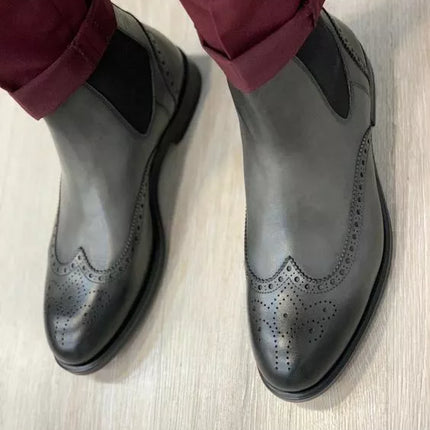 Handmade Men Gray Leather Wing Tip Brogue Chelsea Boots, Ankle Leather Boots, Men Boots