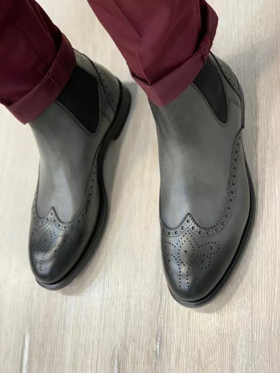 Handmade Men Gray Leather Wing Tip Brogue Chelsea Boots, Ankle Leather Boots, Men Boots