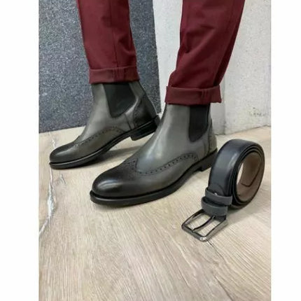 Handmade Men Gray Leather Wing Tip Brogue Chelsea Boots, Ankle Leather Boots, Men Boots