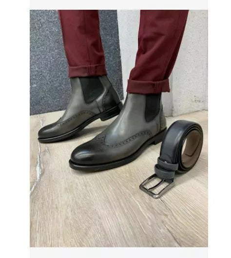 Handmade Men Gray Leather Wing Tip Brogue Chelsea Boots, Ankle Leather Boots, Men Boots