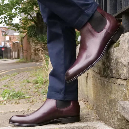 Handmade men dark burgundy chelsea boots, formal leather office boots for mens