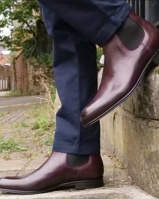 Handmade men dark burgundy chelsea boots, formal leather office boots for mens