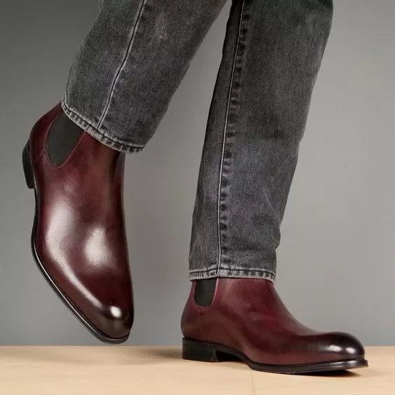 Handmade men dark burgundy chelsea boots, formal leather office boots for mens