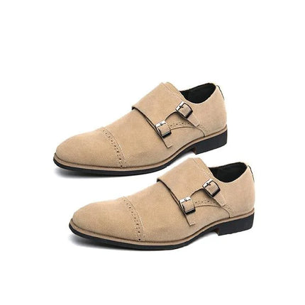 Handmade Men Beige Double Monk Suede Dress Shoes, Brogue Office Buckle Shoes