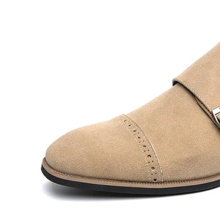 Handmade Men Beige Double Monk Suede Dress Shoes, Brogue Office Buckle Shoes