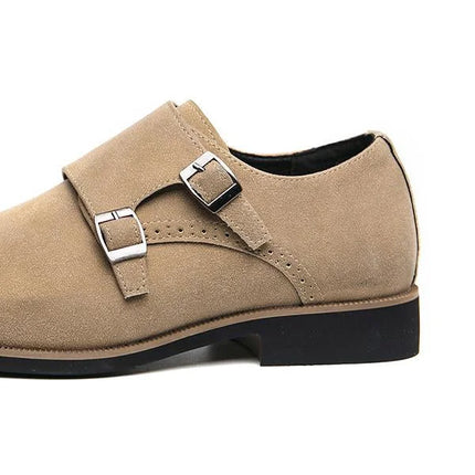 Handmade Men Beige Double Monk Suede Dress Shoes, Brogue Office Buckle Shoes