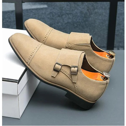 Handmade Men Beige Double Monk Suede Dress Shoes, Brogue Office Buckle Shoes