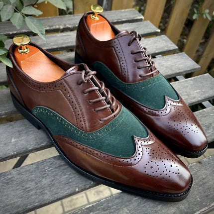 Handmade Men Two Tone Wing Tip Brogue Lace Up Dress Shoes, Oxford Shoes For Mens