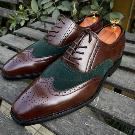 Handmade Men Two Tone Wing Tip Brogue Lace Up Dress Shoes, Oxford Shoes For Mens