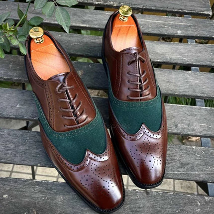 Handmade Men Two Tone Wing Tip Brogue Lace Up Dress Shoes, Oxford Shoes For Mens