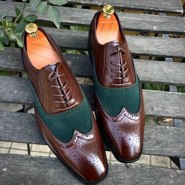 Handmade Men Two Tone Wing Tip Brogue Lace Up Dress Shoes, Oxford Shoes For Mens