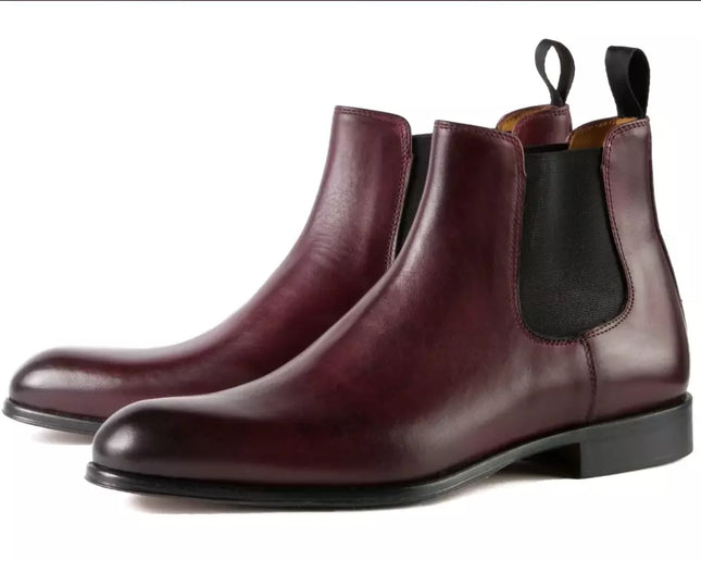 Handmade men dark burgundy chelsea boots, formal leather office boots for mens