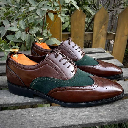 Handmade Men Two Tone Wing Tip Brogue Lace Up Dress Shoes, Oxford Shoes For Mens