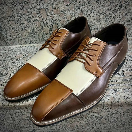 Handmade Men Brown & White Derby Leather Dress Shoes, Formal Shoes For Mens