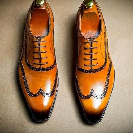 Handmade Men Shaded Tan Leather Wing Tip Brogue Dress Shoes, Formal Lace Up Shoe