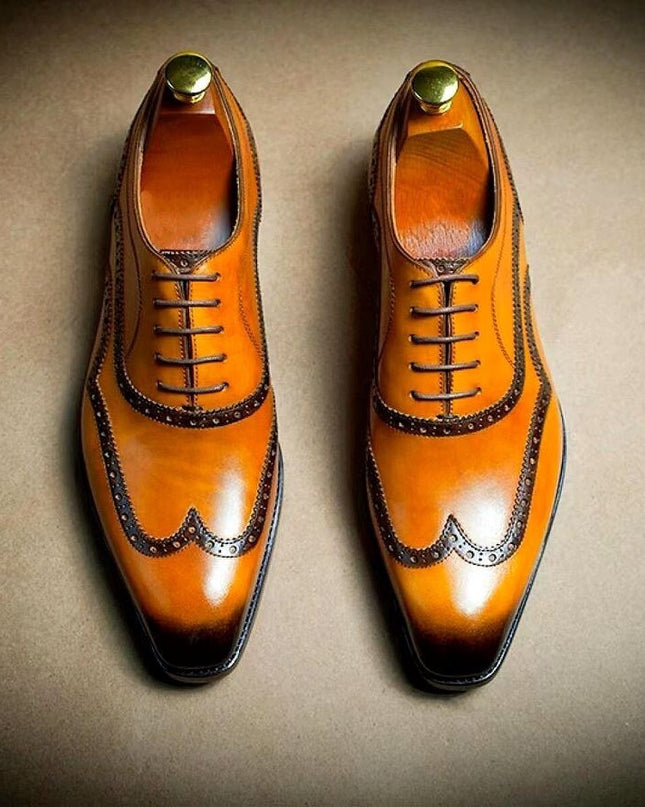 Handmade Men Shaded Tan Leather Wing Tip Brogue Dress Shoes, Formal Lace Up Shoe