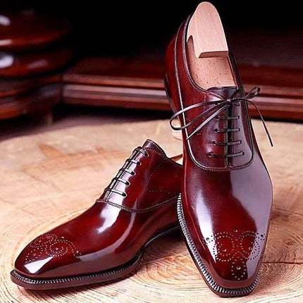 Handmade Men Burgundy Leather Brogue Toe Dress Shoes, Formal Lace Up Shoes