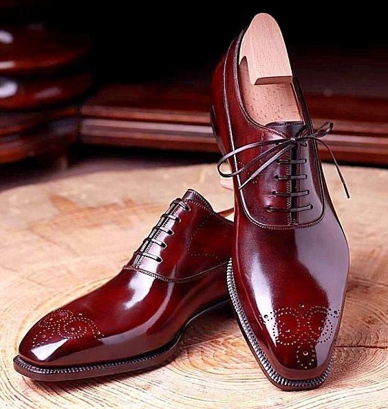 Handmade Men Burgundy Leather Brogue Toe Dress Shoes, Formal Lace Up Shoes