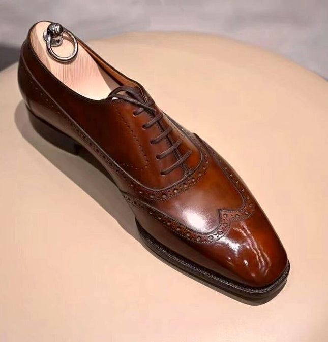 Handmade Dark Brown Men Leather Brogue Wingtip Dress Shoes, Formal Lace Up Shoes