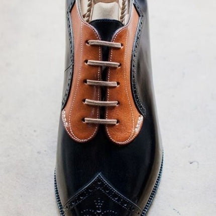 Handmade Men  Two Tone Leather Brogue Wingtip Dress Shoes, Formal Lace Up Shoes