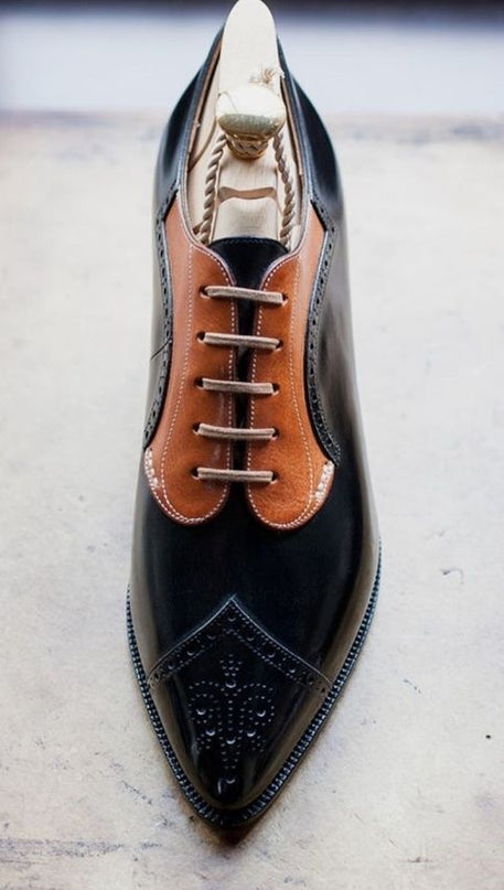 Handmade Men  Two Tone Leather Brogue Wingtip Dress Shoes, Formal Lace Up Shoes
