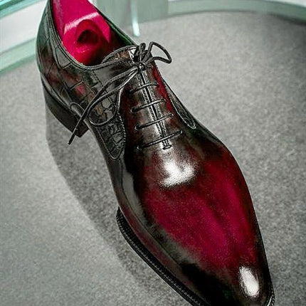 Handmade Men Burnished Burgundy Alligator Leather Dress Shoes, Lace Up Shoes