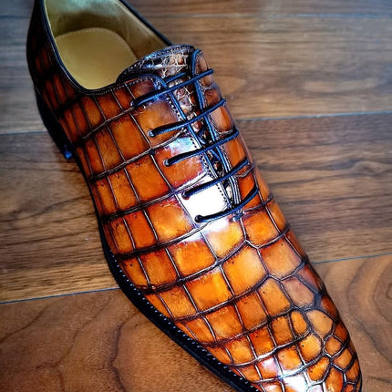 New Handmade Shaded Tan Shoes, Mens Crocodile Print Shoes, Lace Up Office Shoes