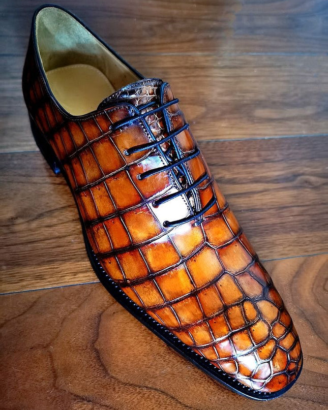 New Handmade Shaded Tan Shoes, Mens Crocodile Print Shoes, Lace Up Office Shoes
