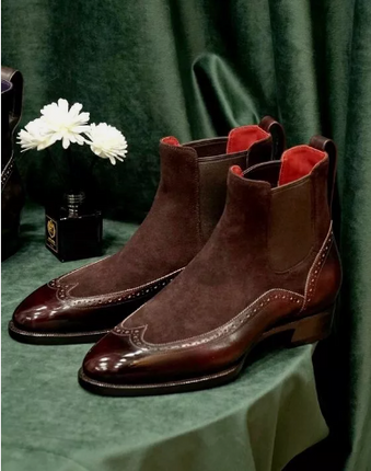 New Brown Suede and Leather Chelsea Wing Tip Brogue Handmade Dress Boots, formal wingtip office boots