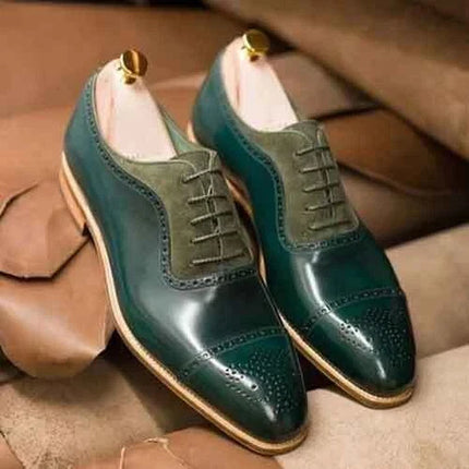 Handmade Men Dark Green Leather & Suede Brogue Lace Up Business Shoes