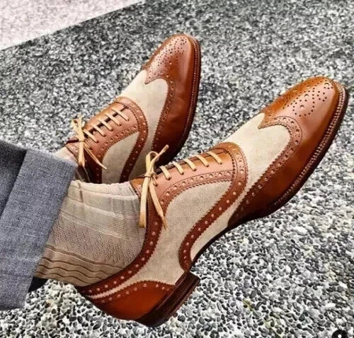Handmade Men Beige/ Brown Brogue Lace Up Leather & Suede Wing Tip Business Shoes